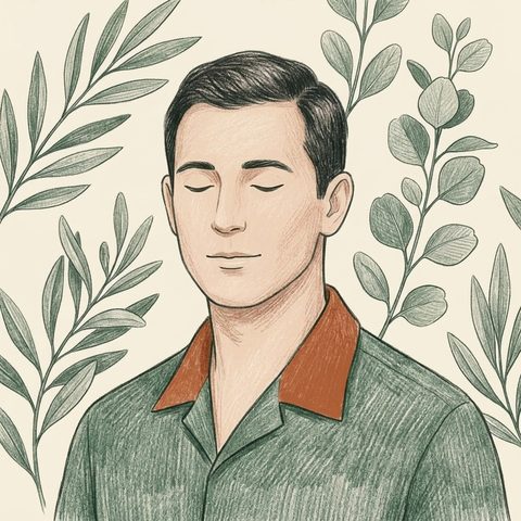 Illustration au crayon de couleur de Maxime Toureille entouré de feuilles d'olivier et d'eucalyptus