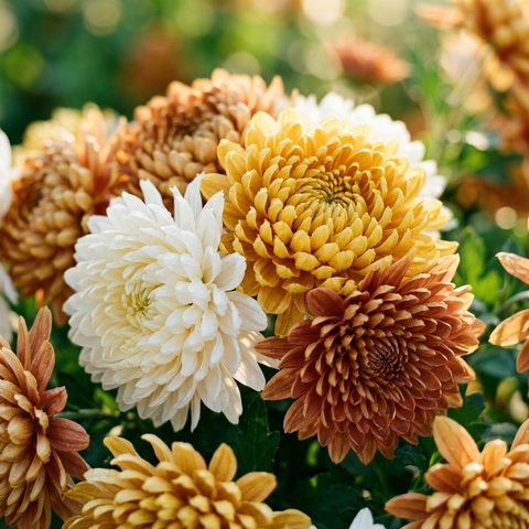 Gros plan lumineux sur des chrysanthèmes blancs, jaunes et bronze