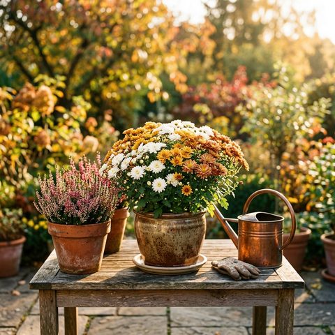 Chrysanthèmes jaunes et bronze en pot sur une terrasse de jardin au soleil d'automne