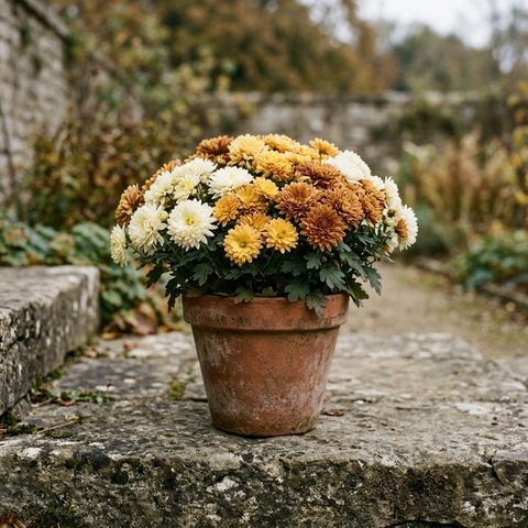 Chrysanthèmes blancs, jaunes et bronze en pot sur une marche en pierre, lumière d'automne