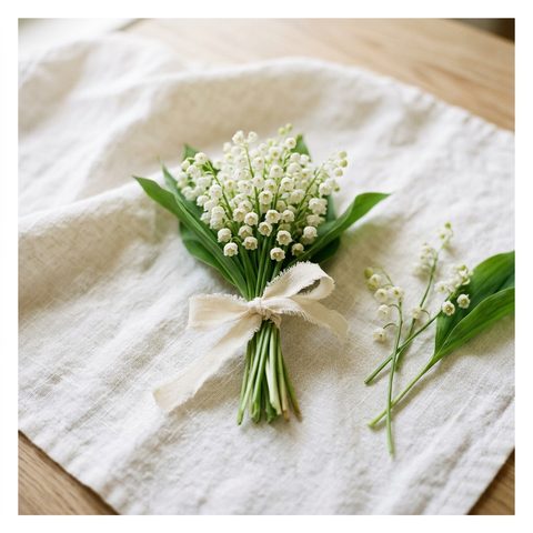 Brins de muguet en petit bouquet noué d'un ruban, sur un linge blanc