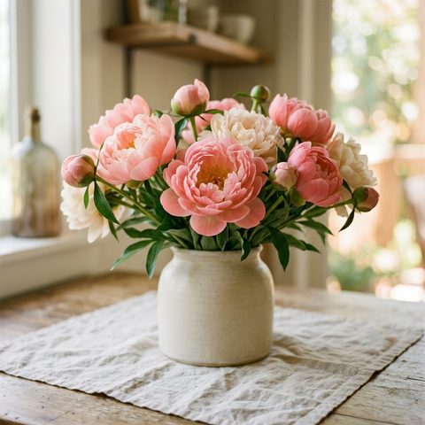 Pivoines roses en bouton et en fleur dans un vase en céramique mate