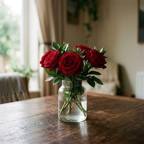 Roses rouges en coupe dans un vase en verre sur une table en bois