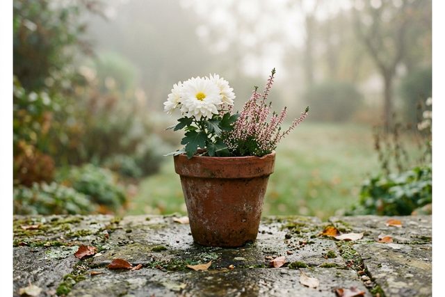 Pot de chrysanthème blanc et bruyère de près, posé sur une pierre couverte de mousse