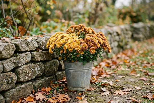 Chrysanthèmes jaunes et bronze en coupe dans un seau en zinc, devant un muret de pierre