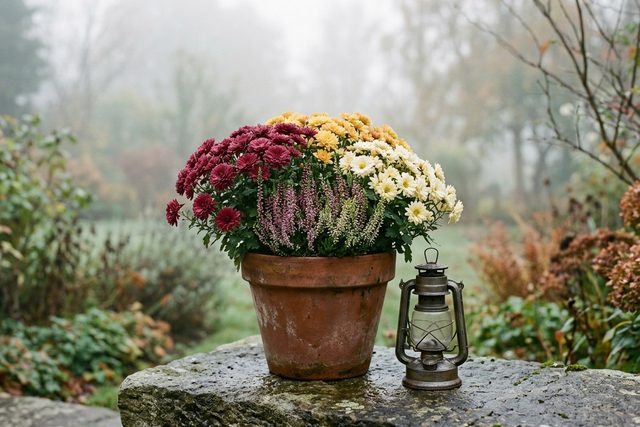 Pots de chrysanthèmes blancs, jaunes et bordeaux avec de la bruyère, posés sur une pierre dans la brume du matin